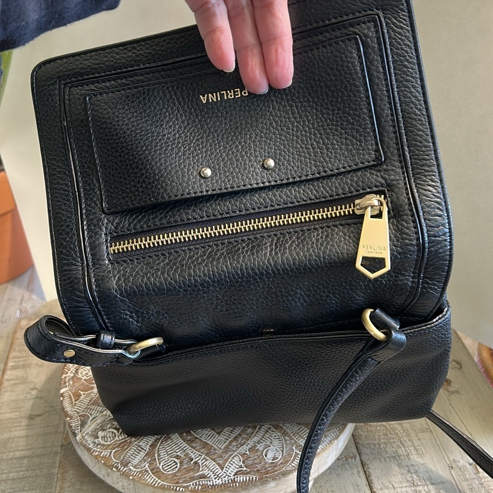 PERLINA CLAIR GENUINE PEBBLED SOFT BLACK LEATHER CROSSBODY BAG PURSE - Picture 7 of 15